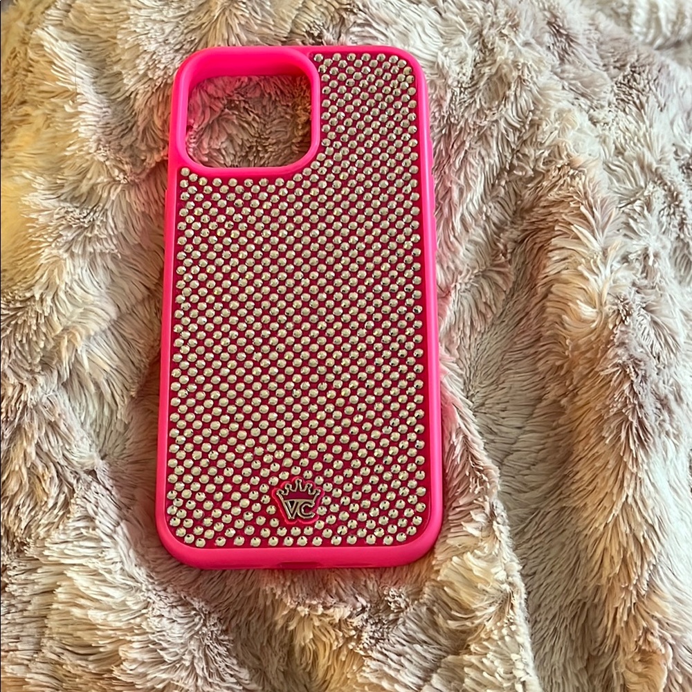 iPhone 16 Pro Max: Pink and Silver Velvet Caviar Rhinestone Phone Case